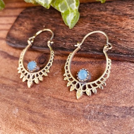 Small Boho Earrings Moonstone Earrings / Brass / Mandala / Ethnic / Rustic / Yoga / Hippie / Gypsy / Psy / Bohemian / Festival