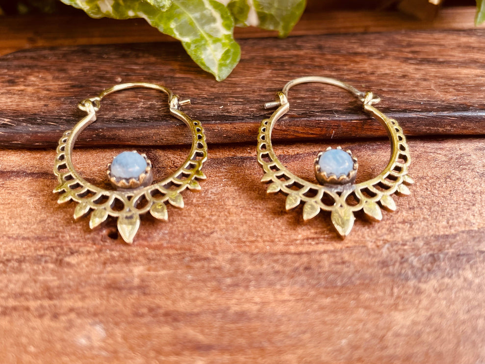 Small Boho Earrings Moonstone Earrings / Brass / Mandala / Ethnic / Rustic / Yoga / Hippie / Gypsy / Psy / Bohemian / Festival