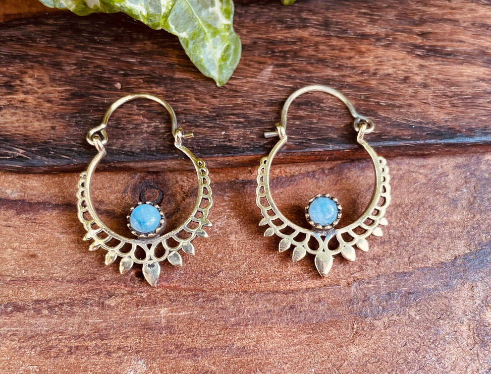 Small Boho Earrings Moonstone Earrings / Brass / Mandala / Ethnic / Rustic / Yoga / Hippie / Gypsy / Psy / Bohemian / Festival