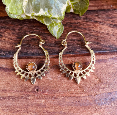 Small Boho Earrings Tiger Eye Brass Earrings / Triangle / Mandala / Ethnic / Rustic / Yoga / Hippie / Gypsy / Psy / Bohemian / Festival