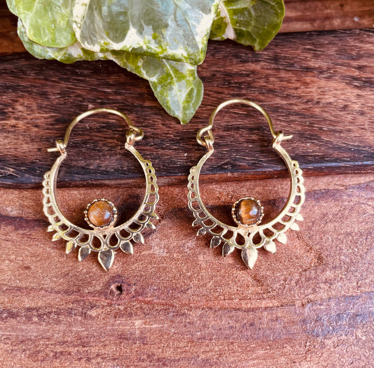 Small Boho Earrings Tiger Eye Brass Earrings / Triangle / Mandala / Ethnic / Rustic / Yoga / Hippie / Gypsy / Psy / Bohemian / Festival