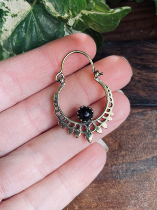 Small Boho Golden Earrings Black Onyx / Brass Triangle / Mandala / Ethnic / Rustic / Yoga / Hippie / Gypsy / Psy / Bohemian / Festival