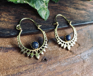 Small Boho Earrings Lapis Lazuli Brass Earrings / Triangle / Mandala / Ethnic / Rustic / Yoga / Hippie / Gypsy / Psy / Bohemian / Festival