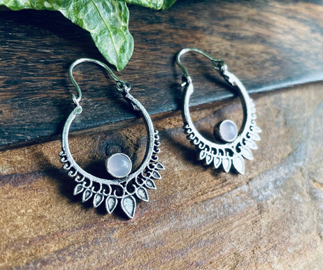 Small Boho Silver Earrings Rose Quartz / Triangle / Mandala / Ethnic / Rustic / Yoga / Hippie / Gypsy / Psy / Bohemian / Festival