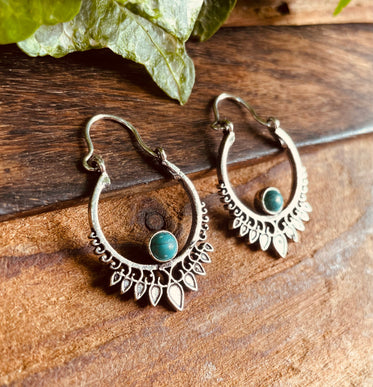 Small Boho Silver Earrings Turquoise / Triangle / Mandala / Ethnic / Rustic / Yoga / Hippie / Gypsy / Psy / Bohemian / Festival