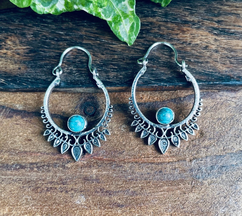 Small Boho Silver Earrings Turquoise / Triangle / Mandala / Ethnic / Rustic / Yoga / Hippie / Gypsy / Psy / Bohemian / Festival