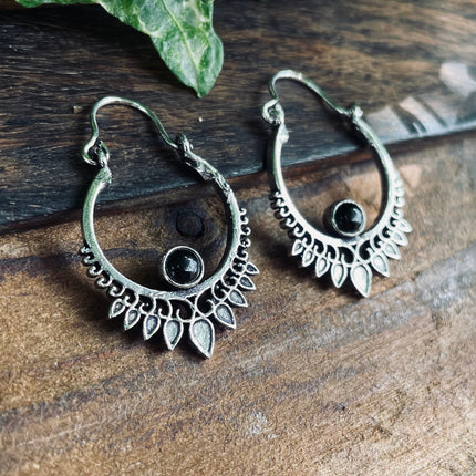 Small Boho Silver Earrings Black Onyx / Triangle / Mandala / Ethnic / Rustic / Yoga / Hippie / Gypsy / Psy / Bohemian / Festival