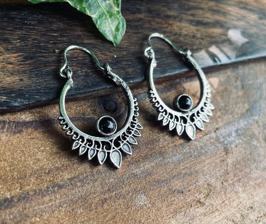 Small Boho Silver Earrings Black Onyx / Triangle / Mandala / Ethnic / Rustic / Yoga / Hippie / Gypsy / Psy / Bohemian / Festival