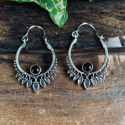 Small Boho Silver Earrings Black Onyx / Triangle / Mandala / Ethnic / Rustic / Yoga / Hippie / Gypsy / Psy / Bohemian / Festival