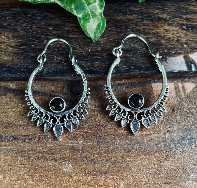 Small Boho Silver Earrings Black Onyx / Triangle / Mandala / Ethnic / Rustic / Yoga / Hippie / Gypsy / Psy / Bohemian / Festival