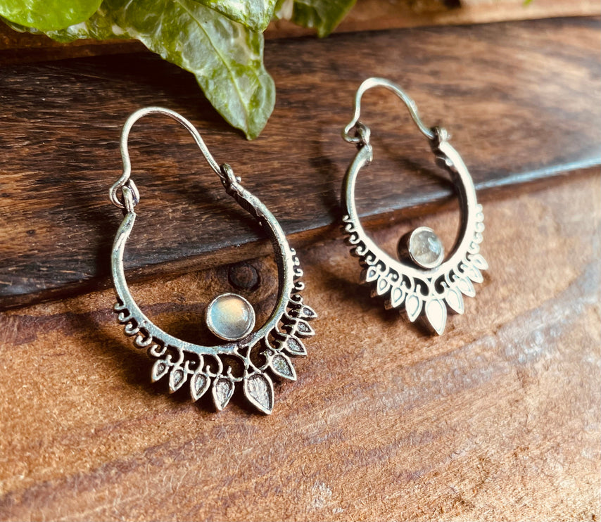 Small Silver Boho Earrings Labradorite / Heart / Mandala / Ethnic / Rustic / Yoga / Hippie / Gypsy / Psy / Bohemian / Festival