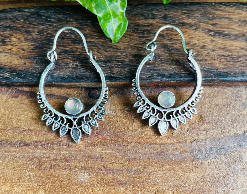 Small Silver Boho Earrings Labradorite / Heart / Mandala / Ethnic / Rustic / Yoga / Hippie / Gypsy / Psy / Bohemian / Festival