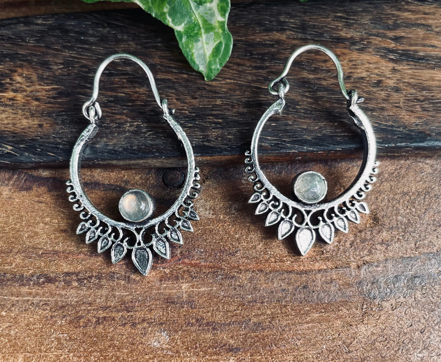 Small Silver Boho Earrings Labradorite / Heart / Mandala / Ethnic / Rustic / Yoga / Hippie / Gypsy / Psy / Bohemian / Festival