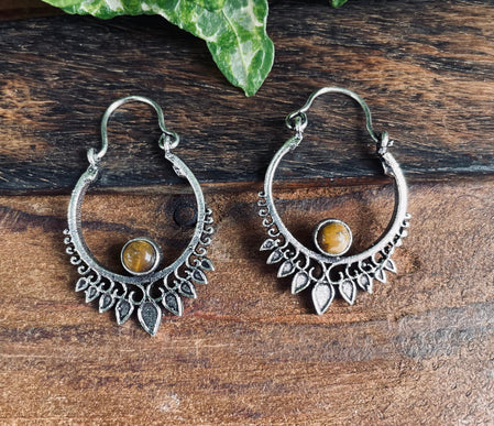 Small Boho Silver Earrings Tiger Eye / Mandala / Ethnic / Rustic / Yoga / Hippie / Gypsy / Psy / Bohemian / Festival