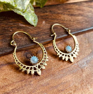 Small Boho Earrings Moonstone Earrings / Brass / Mandala / Ethnic / Rustic / Yoga / Hippie / Gypsy / Psy / Bohemian / Festival