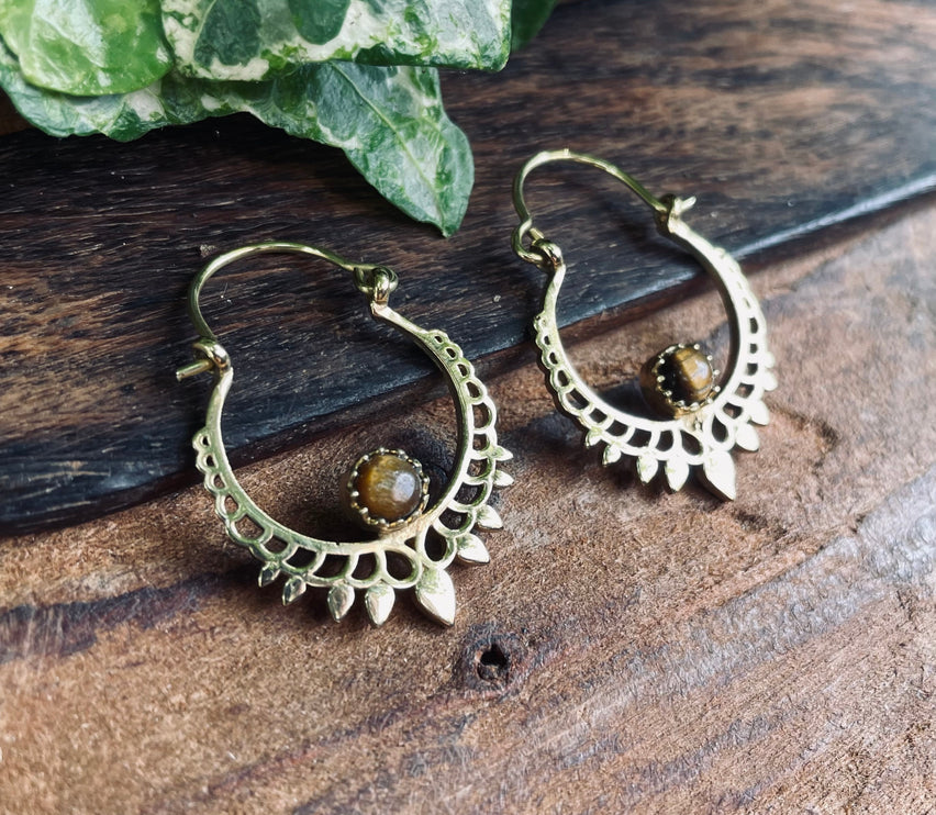 Small Boho Earrings Tiger Eye Brass Earrings / Triangle / Mandala / Ethnic / Rustic / Yoga / Hippie / Gypsy / Psy / Bohemian / Festival