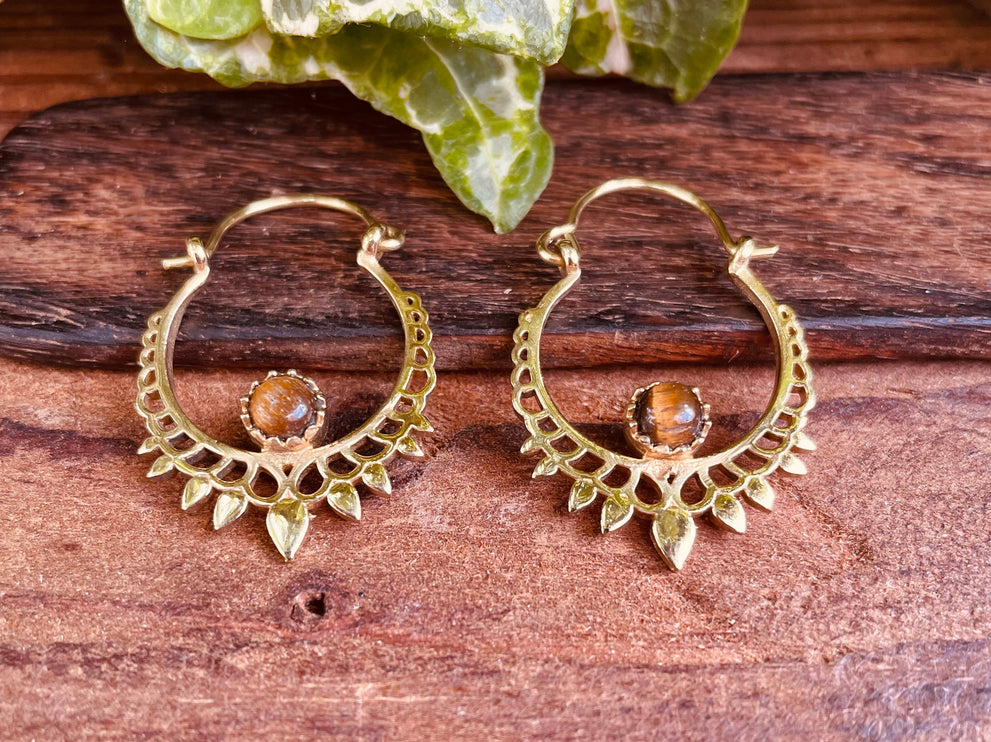 Small Boho Earrings Tiger Eye Brass Earrings / Triangle / Mandala / Ethnic / Rustic / Yoga / Hippie / Gypsy / Psy / Bohemian / Festival