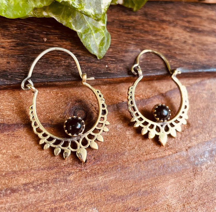 Small Boho Golden Earrings Black Onyx / Brass Triangle / Mandala / Ethnic / Rustic / Yoga / Hippie / Gypsy / Psy / Bohemian / Festival