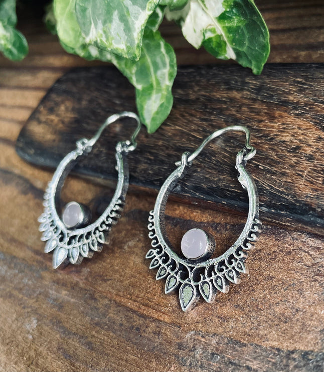 Small Boho Silver Earrings Rose Quartz / Triangle / Mandala / Ethnic / Rustic / Yoga / Hippie / Gypsy / Psy / Bohemian / Festival