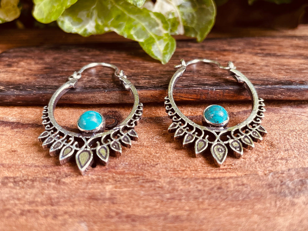 Small Boho Silver Earrings Turquoise / Triangle / Mandala / Ethnic / Rustic / Yoga / Hippie / Gypsy / Psy / Bohemian / Festival