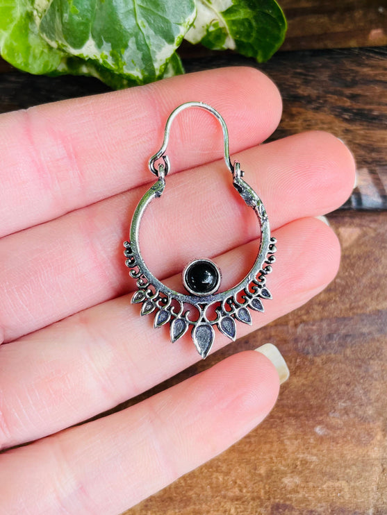 Small Boho Silver Earrings Black Onyx / Triangle / Mandala / Ethnic / Rustic / Yoga / Hippie / Gypsy / Psy / Bohemian / Festival