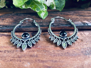 Small Boho Silver Earrings Black Onyx / Triangle / Mandala / Ethnic / Rustic / Yoga / Hippie / Gypsy / Psy / Bohemian / Festival