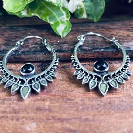 Small Boho Silver Earrings Black Onyx / Triangle / Mandala / Ethnic / Rustic / Yoga / Hippie / Gypsy / Psy / Bohemian / Festival