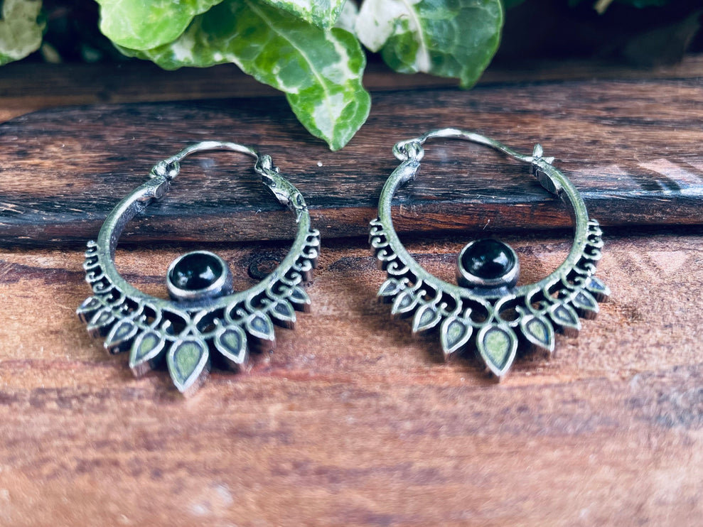 Small Boho Silver Earrings Black Onyx / Triangle / Mandala / Ethnic / Rustic / Yoga / Hippie / Gypsy / Psy / Bohemian / Festival