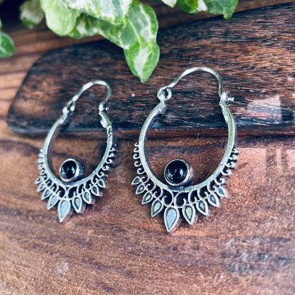 Small Boho Silver Earrings Black Onyx / Triangle / Mandala / Ethnic / Rustic / Yoga / Hippie / Gypsy / Psy / Bohemian / Festival