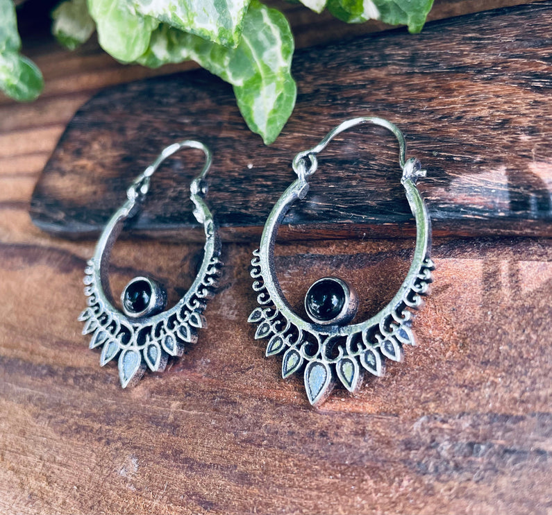 Small Boho Silver Earrings Black Onyx / Triangle / Mandala / Ethnic / Rustic / Yoga / Hippie / Gypsy / Psy / Bohemian / Festival