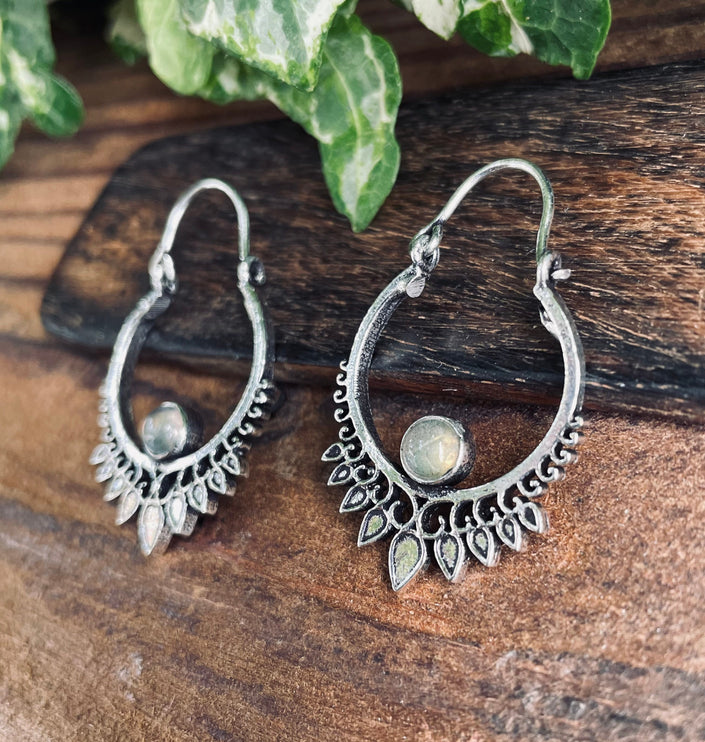 Small Silver Boho Earrings Labradorite / Heart / Mandala / Ethnic / Rustic / Yoga / Hippie / Gypsy / Psy / Bohemian / Festival