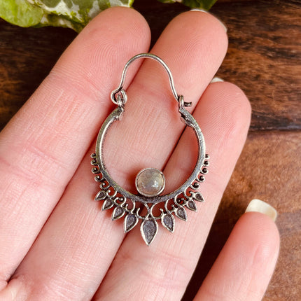 Small Silver Boho Earrings Labradorite / Heart / Mandala / Ethnic / Rustic / Yoga / Hippie / Gypsy / Psy / Bohemian / Festival