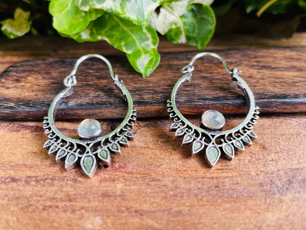 Small Silver Boho Earrings Labradorite / Heart / Mandala / Ethnic / Rustic / Yoga / Hippie / Gypsy / Psy / Bohemian / Festival