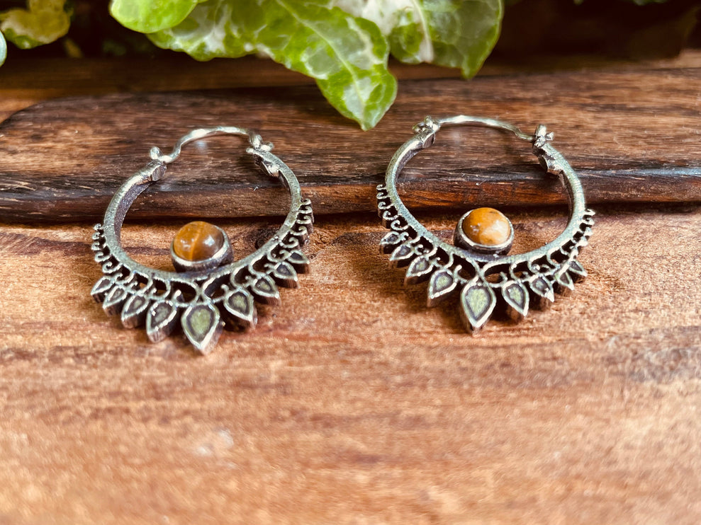 Small Boho Silver Earrings Tiger Eye / Mandala / Ethnic / Rustic / Yoga / Hippie / Gypsy / Psy / Bohemian / Festival