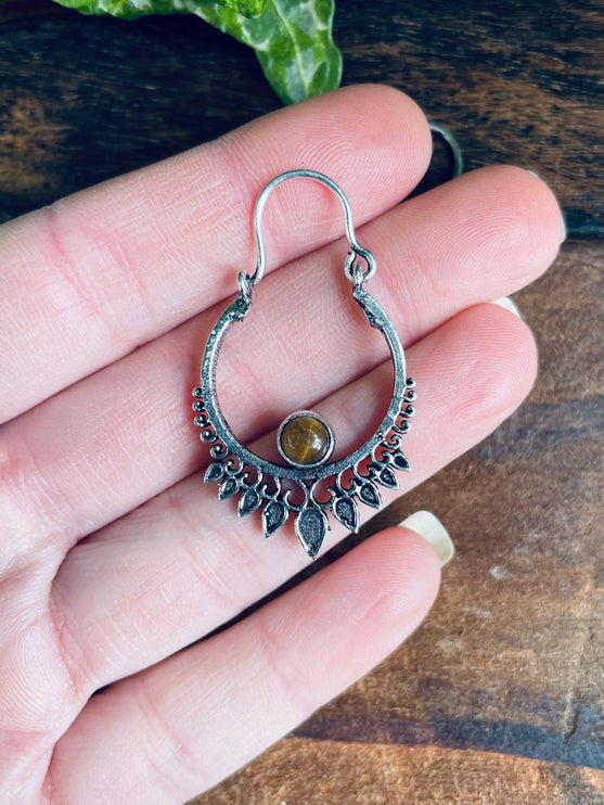 Small Boho Silver Earrings Tiger Eye / Mandala / Ethnic / Rustic / Yoga / Hippie / Gypsy / Psy / Bohemian / Festival