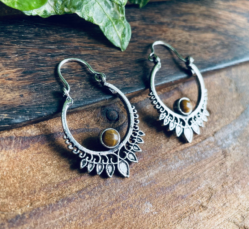 Small Boho Silver Earrings Tiger Eye / Mandala / Ethnic / Rustic / Yoga / Hippie / Gypsy / Psy / Bohemian / Festival