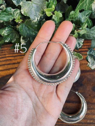 Silver Chunky Hoop Earrings Multi Size, Ethnic Beaded Hoops