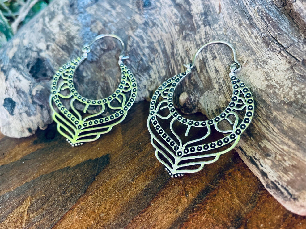 Gypsy Silver Hoop Earrings / Ethnic / Geometric / Rustic / Yoga / Hippie / Pretty / Boho / Bohemian / Festival