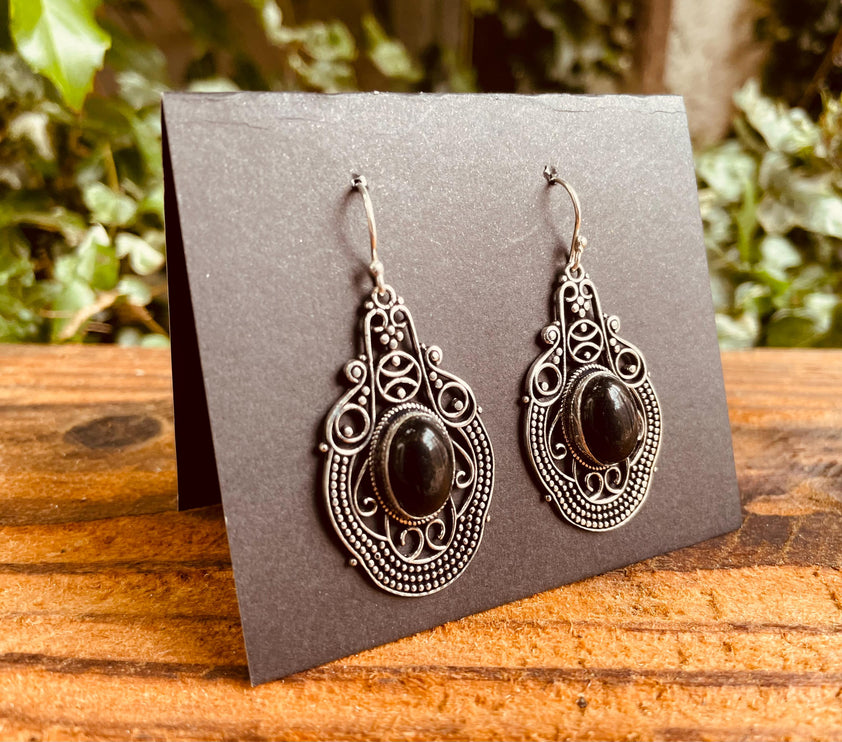 Large Black Onyx Silver Drop Dangle earrings / Birth Stone / Ethnic / Rustic / Yoga Hippie / Gypsy / Gift for Her / Bohemian / Festival