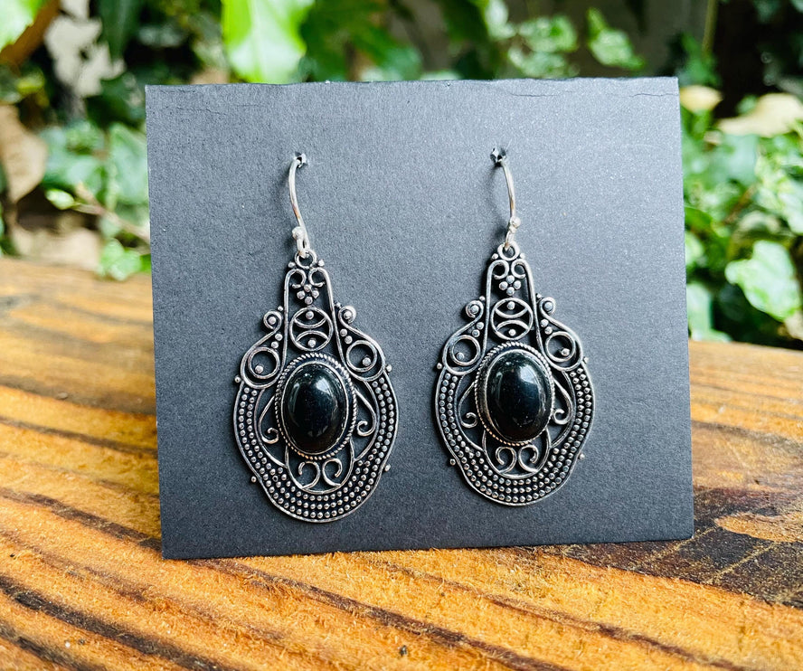 Large Black Onyx Silver Drop Dangle earrings / Birth Stone / Ethnic / Rustic / Yoga Hippie / Gypsy / Gift for Her / Bohemian / Festival