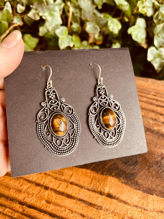 Tiger's Eye Large Silver Drop Dangle earrings / Birth Stone / Ethnic / Rustic / Yoga Hippie / Gypsy / Gift for Her / Bohemian / Festival