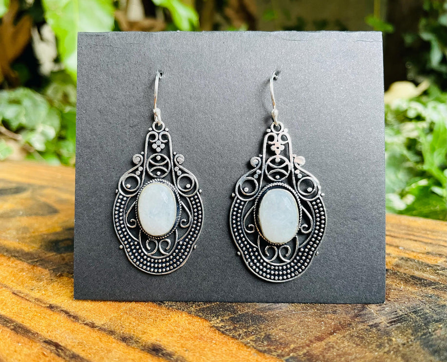 Moonstone Large Silver Drop Dangle earrings / Birth Stone / Ethnic / Rustic / Yoga Hippie / Gypsy / Gift for Her / Bohemian / Festival