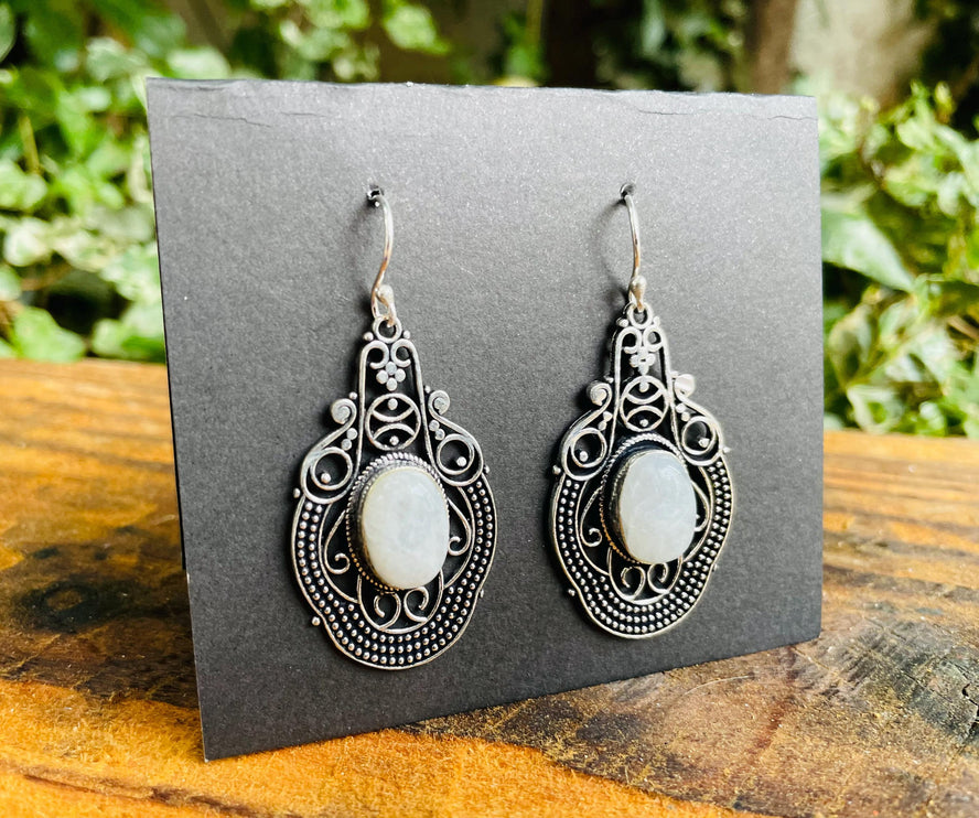 Moonstone Large Silver Drop Dangle earrings / Birth Stone / Ethnic / Rustic / Yoga Hippie / Gypsy / Gift for Her / Bohemian / Festival