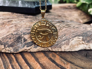 Eye of Horus Gold Necklace / Brass / Stainless Steel Chain / Ancient Egypt / Ra / Hieroglyphics / Brass / Ethnic / Gypsy / Boho / Bohemian
