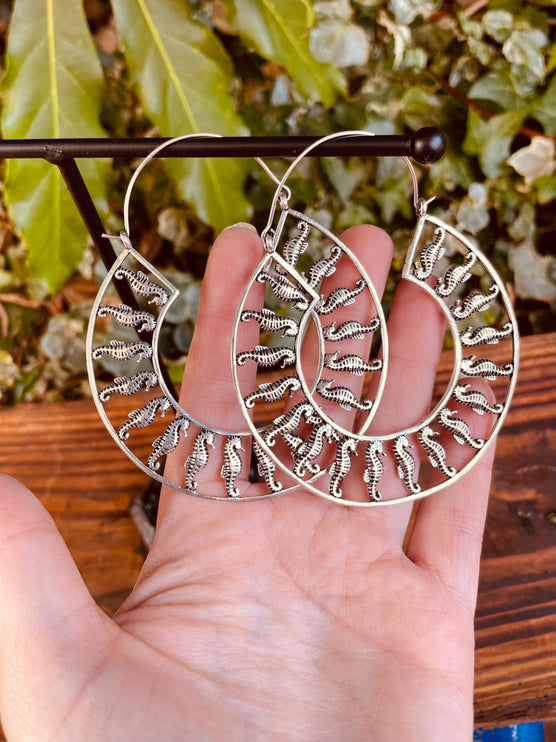 Silver Sea Horse Earrings Extra Large Hoops / Lightweight / Unique Gift / Boho Jewellery / Ethnic / Rustic / Festival / Gypsy / Hippie