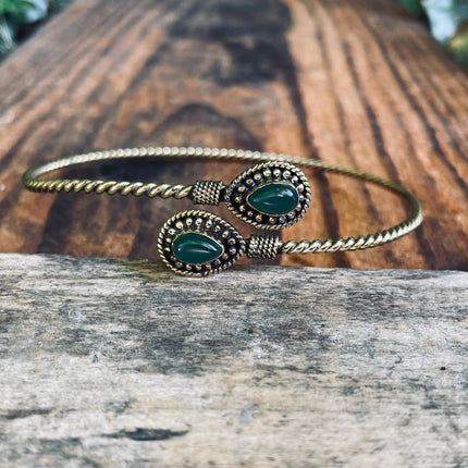 Brass Arm Bracelet Green Onyx / Tribal / Spiral / Boho / Bangle/ Ethnic / Rustic / Bohemian / Hippie / Gypsy / Psy / Adjustable