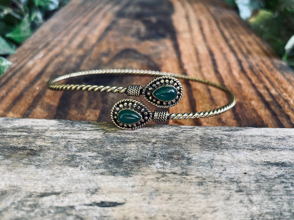 Brass Arm Bracelet Green Onyx / Tribal / Spiral / Boho / Bangle/ Ethnic / Rustic / Bohemian / Hippie / Gypsy / Psy / Adjustable