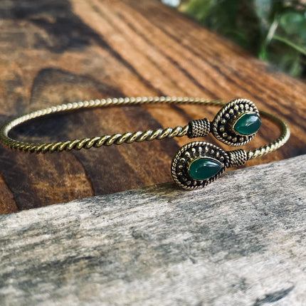 Brass Arm Bracelet Green Onyx / Tribal / Spiral / Boho / Bangle/ Ethnic / Rustic / Bohemian / Hippie / Gypsy / Psy / Adjustable