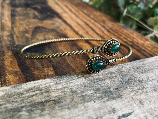 Brass Arm Bracelet Green Onyx / Tribal / Spiral / Boho / Bangle/ Ethnic / Rustic / Bohemian / Hippie / Gypsy / Psy / Adjustable