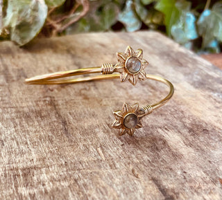 Labradorite Flower Boho Brass Bracelet / Adjustable / Gold Bangle / Ethnic / Rustic / Bohemian / Hippie / Gypsy / Psy / Bohemian Jewelery